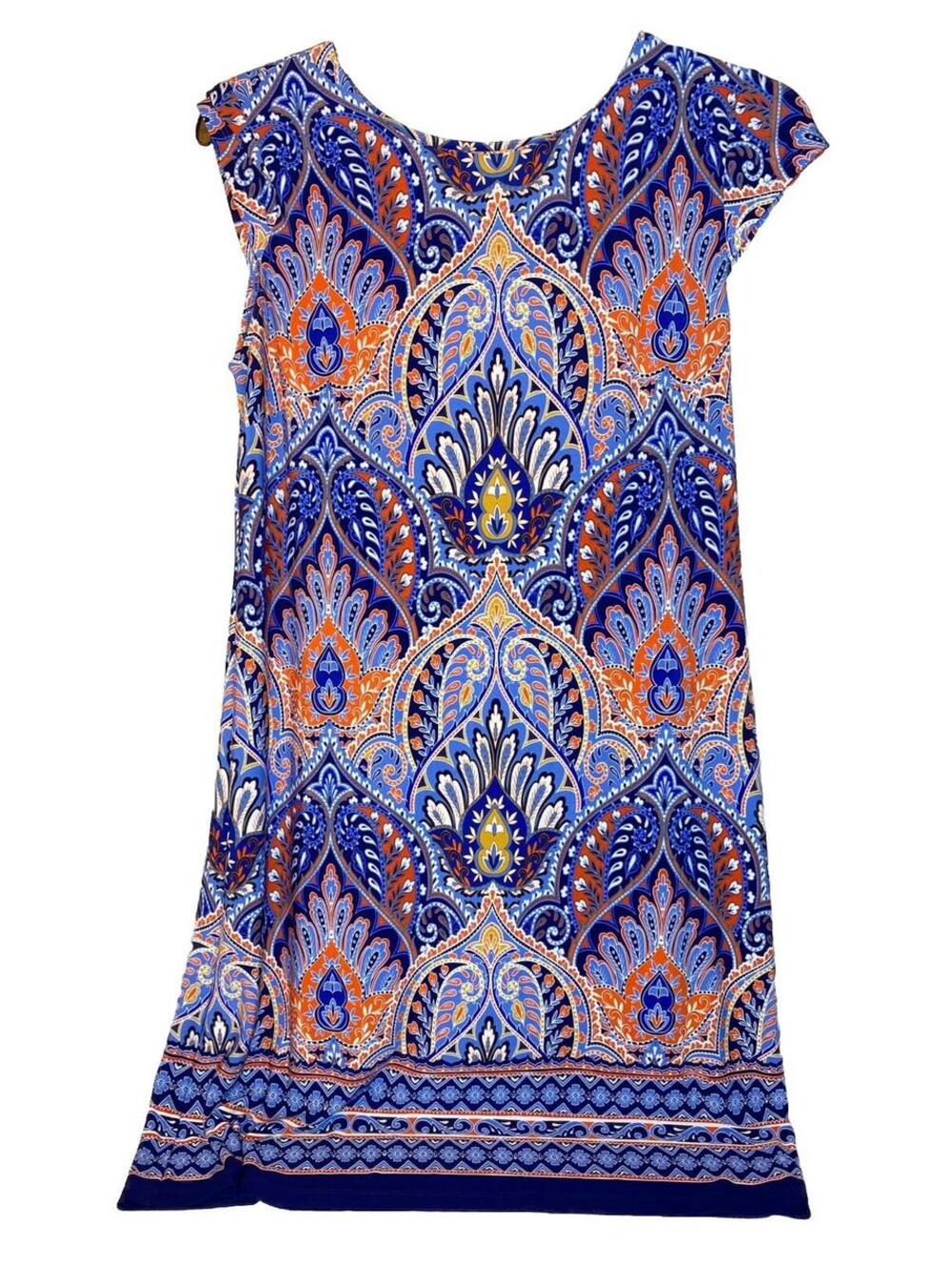 R&K - Cap Sleeve - STRETCH DRESS - Blue, Orange - FLORAL, Paisley - Size L